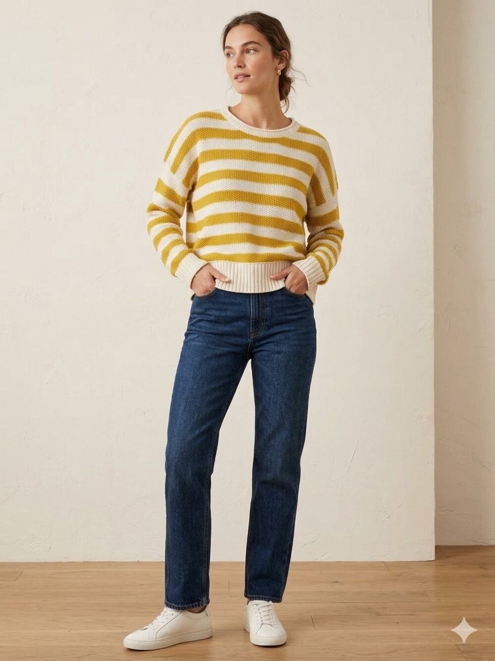 J Crew Women's Yellow Cream Striped Chunky Knit Crewneck Sweater Drop Shoulder L